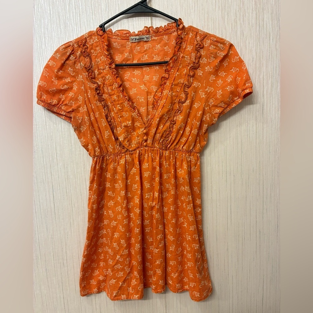 VINTAGE Y2K Forever 21 Orange Floral Smocked Peasant‎ Blouse Top Fairycore M